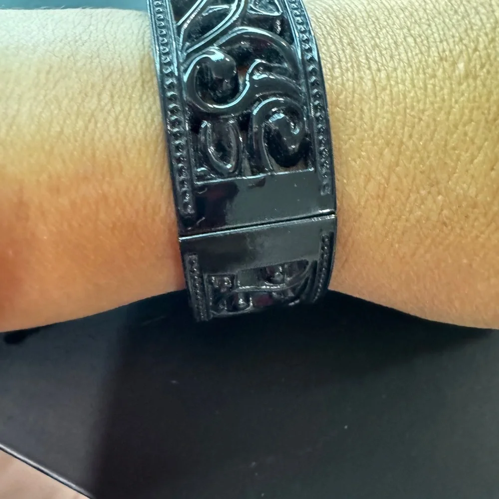 Black Filigree Bangle Cuff Watch – Hinged Bracelet Style, Quartz Movement - Picture 3 of 9